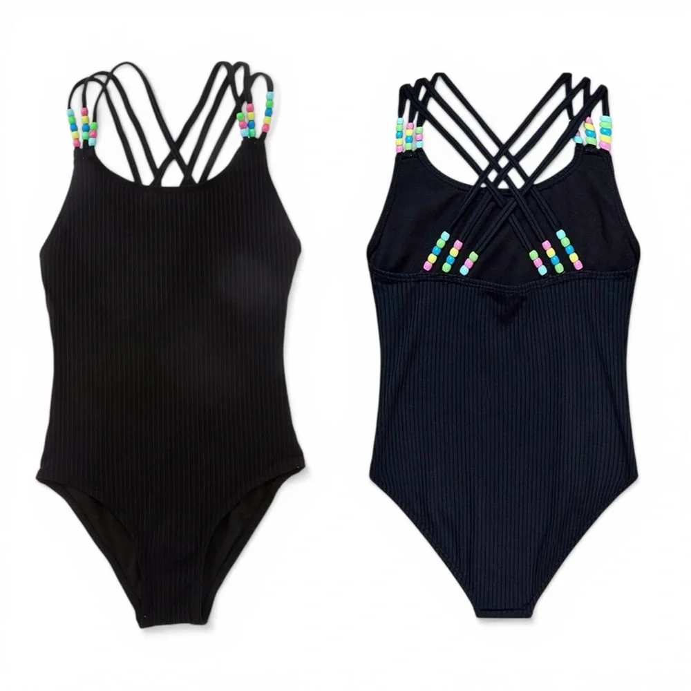 Beach Lingo Swimwear Girls One Piece Black Ribbed Strappy Back Size 7
